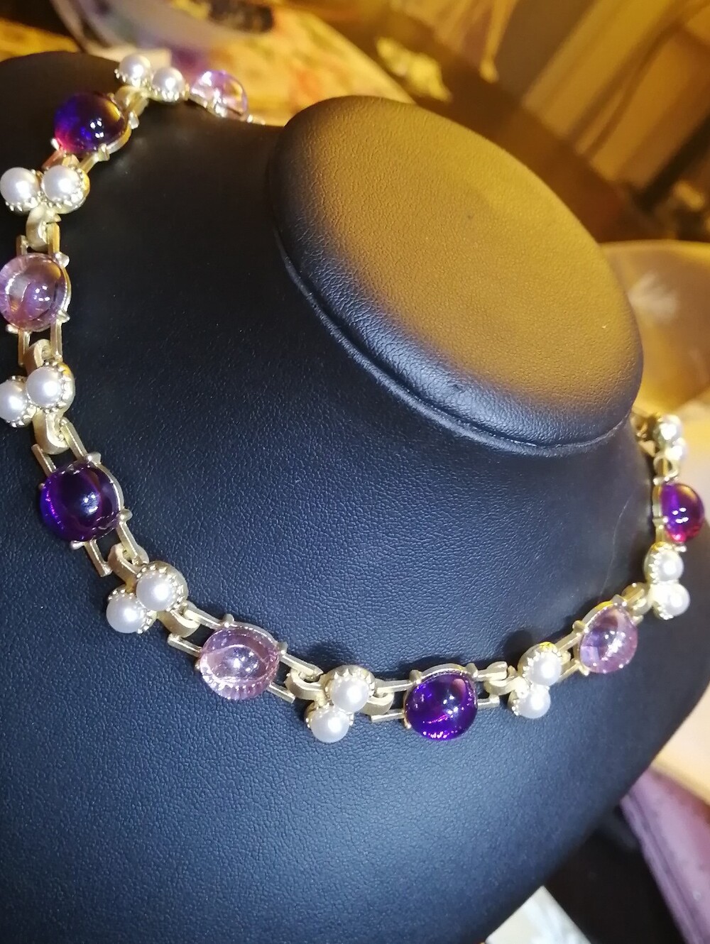 Gold-Tone Necklace Choker with Purple Cabochons and Pearl Accents Adjustable 16"
